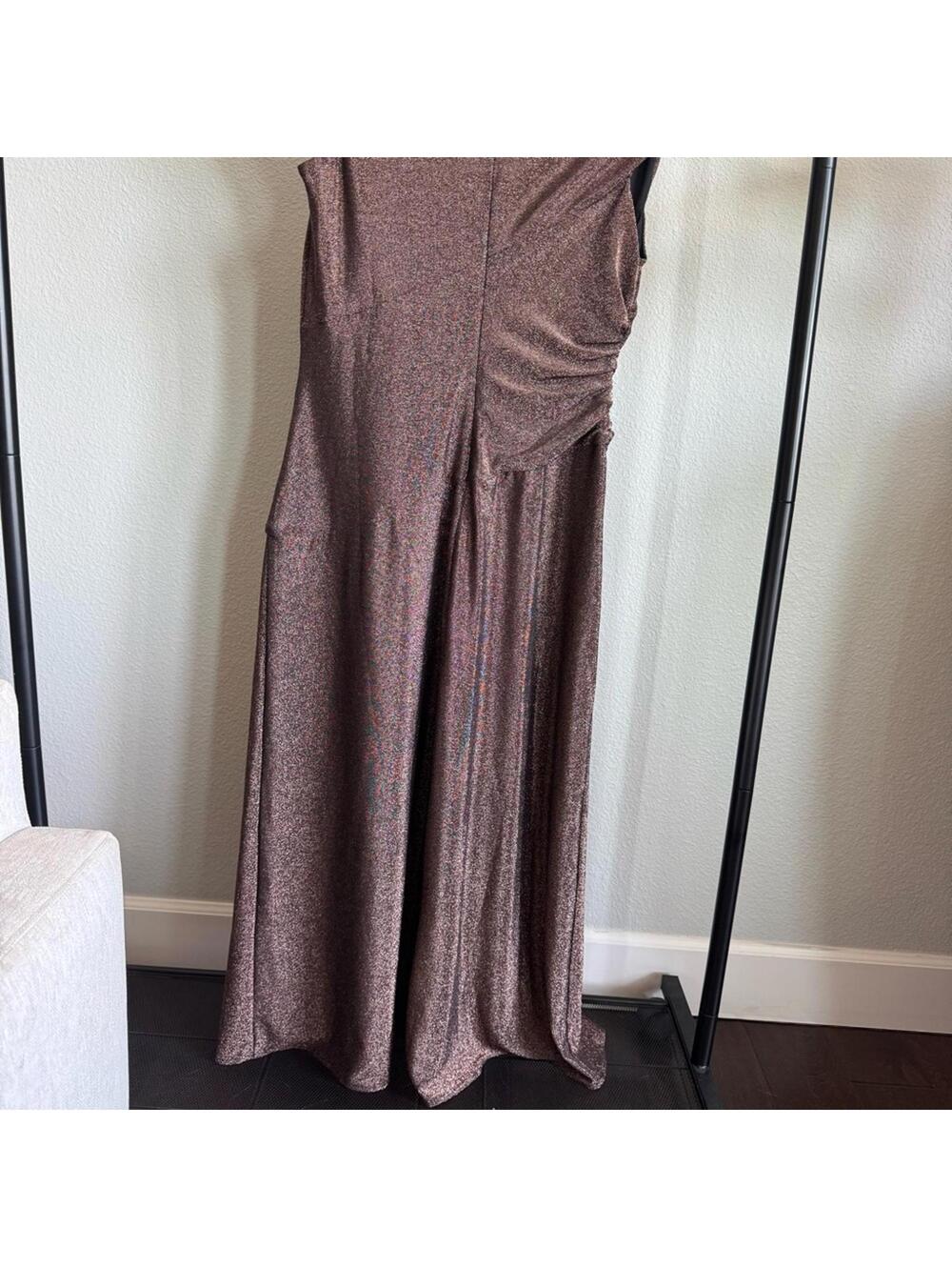 Maggy London Brown Metallic Midi Dress Size 14 Cap Sleeve Ruched Wedding Guest - Picture 9 of 10